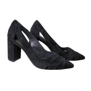 Franco Sarto Patina Black Suede Chunky Heel Pumps Pointed Toe Cut Out
